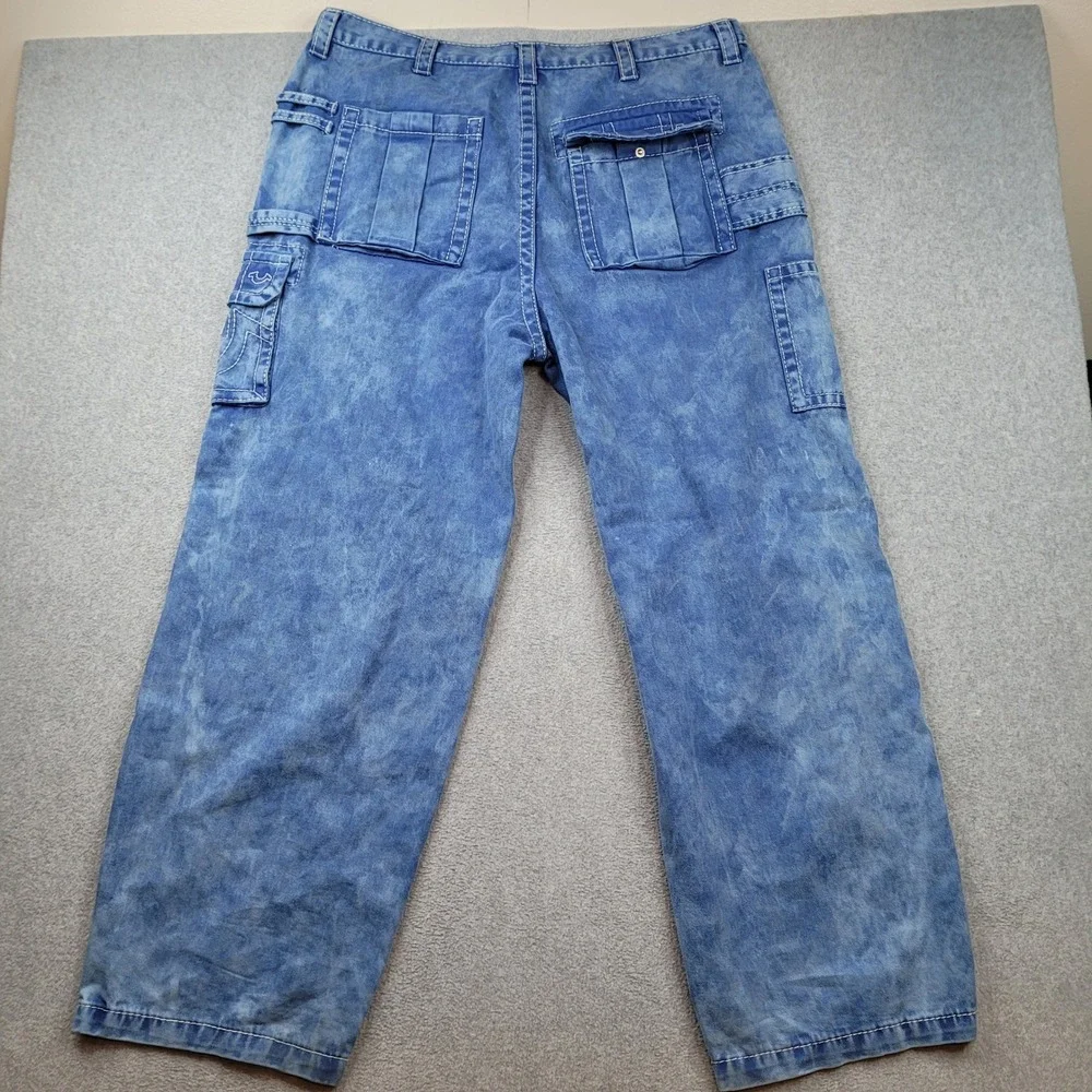 True Religion Cargo Pants Mens 38x32 Blue Acid Wash Baggy Y2K Streetwear